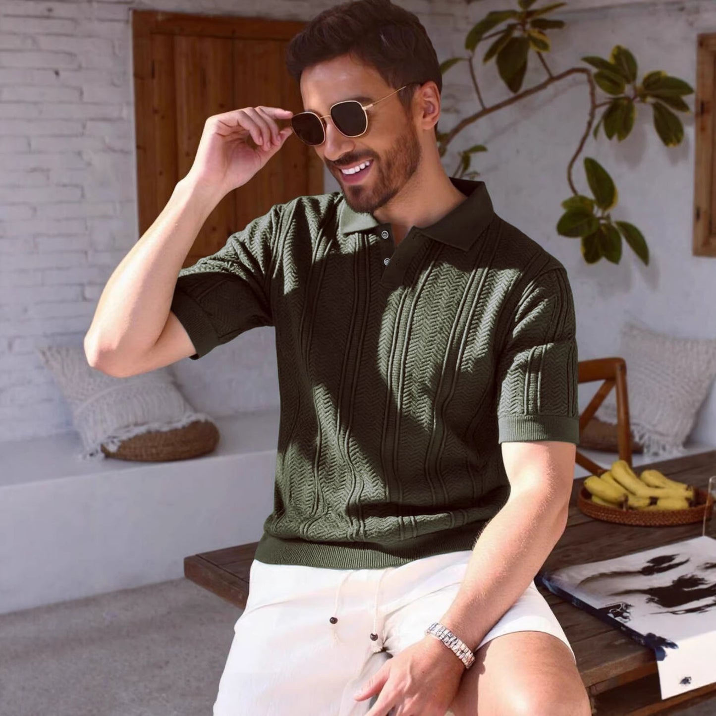 Textured Mens Dark Green Knitted Polo Shirt With A Premium Feel