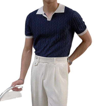 Men's Short-Sleeve Knitted Shirt Color-Block Polo Shirt With Lapel Collar