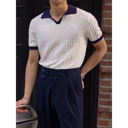 Men's Short-Sleeve Knitted Shirt Color-Block Polo Shirt With Lapel Collar