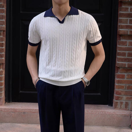 Men's Short-Sleeve Knitted Shirt Color-Block Polo Shirt With Lapel Collar