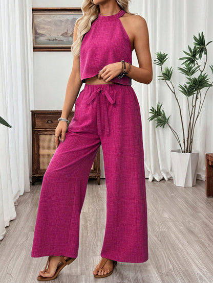 Neck-hanging Sleeveless Cropped Top And Wide-leg Pants Set