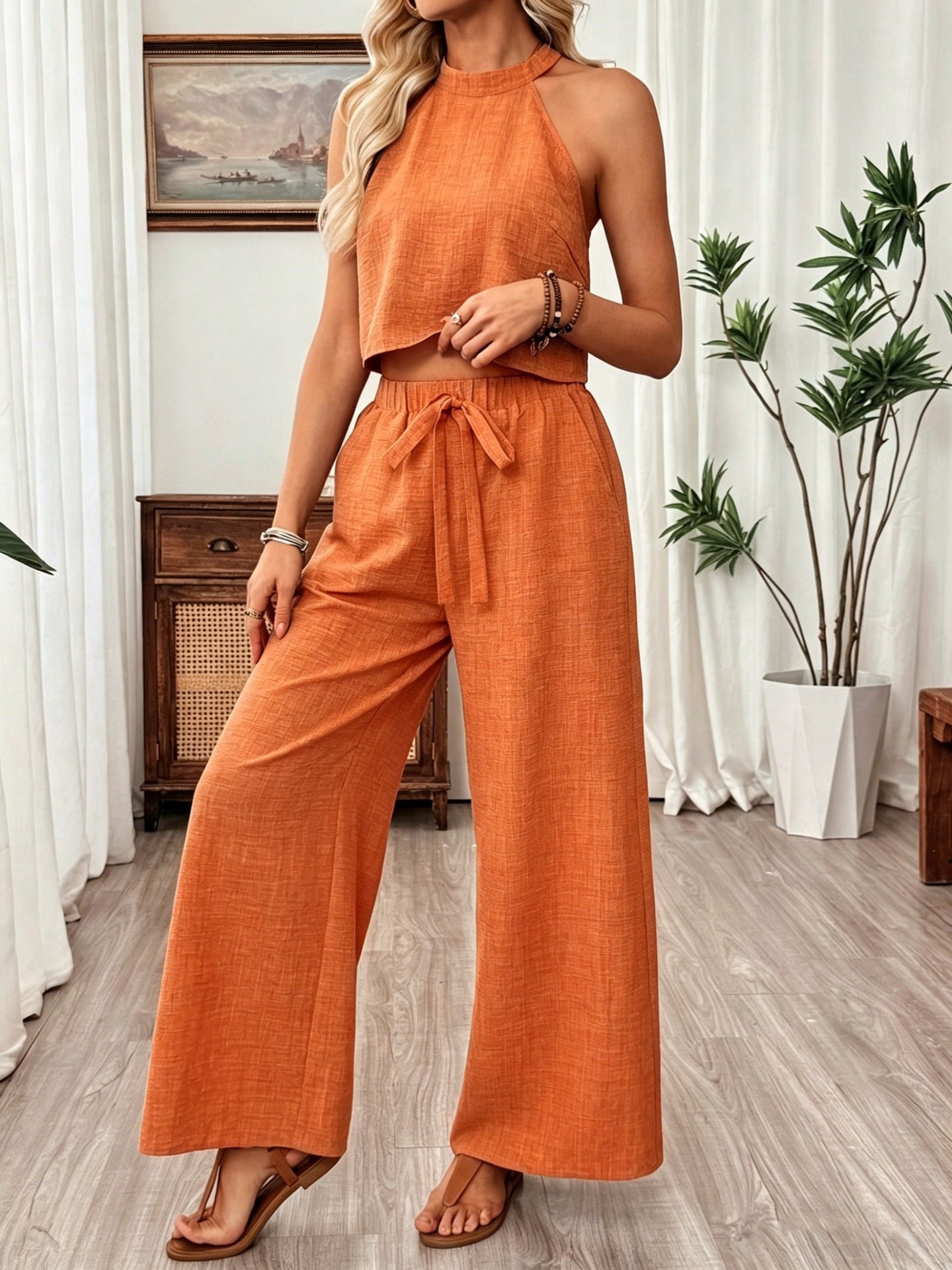 Neck-hanging Sleeveless Cropped Top And Wide-leg Pants Set