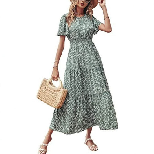 Womens Short-Sleeve Crew-Neck Pleated Elastic-Waist Layered Maxi Dress