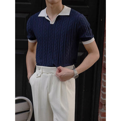 Men's Short-Sleeve Knitted Shirt Color-Block Polo Shirt With Lapel Collar