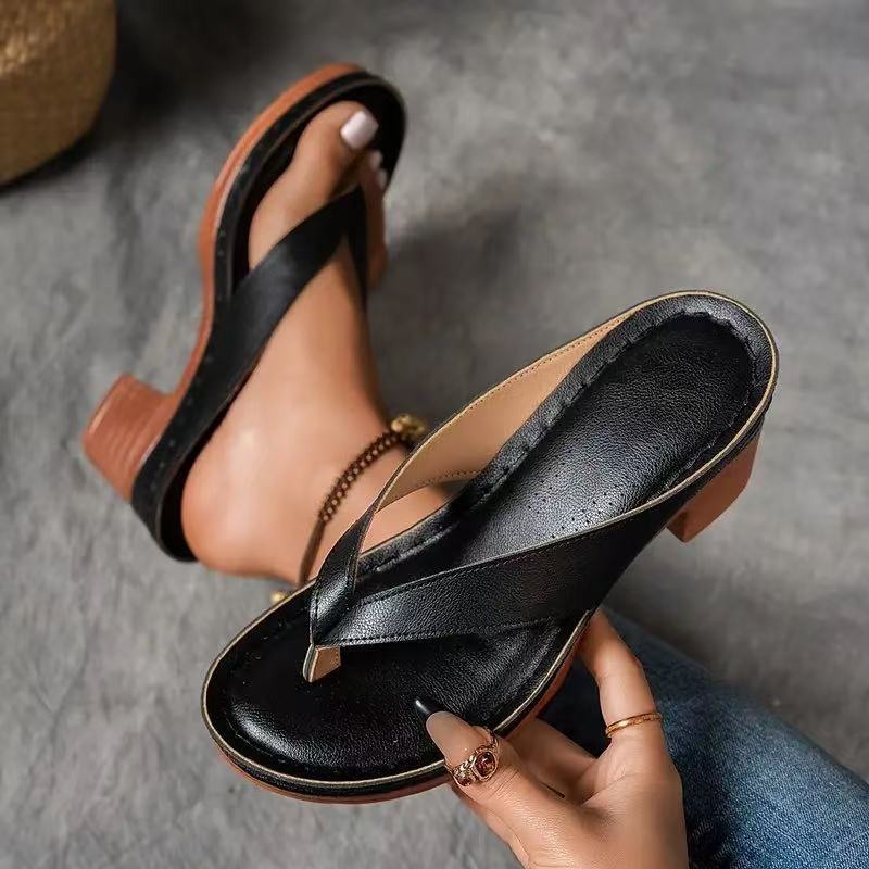 Summer Flip-flops Shoes Fashion Solid Color Square-heeled Sandals Women's Wedges Slides Shoe