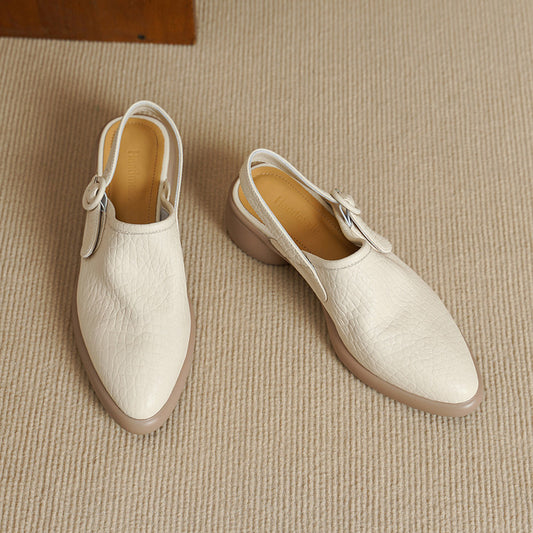 Women's Closed Toe Platform Genuine Leather Sandals, Round Toe, Chunky Heel, Single Buckle Strap, Open Back Roman Style, First-Layer Lambskin Shoes