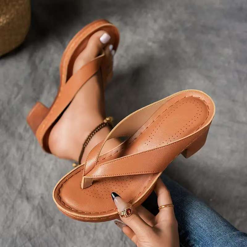 Summer Flip-flops Shoes Fashion Solid Color Square-heeled Sandals Women's Wedges Slides Shoe