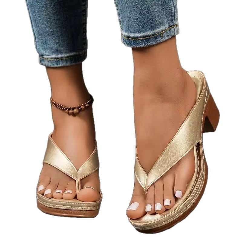 Summer Flip-flops Shoes Fashion Solid Color Square-heeled Sandals Women's Wedges Slides Shoe